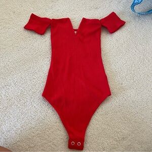 Express Red Off-Shoulder Bodysuit with Plunging V-Neck